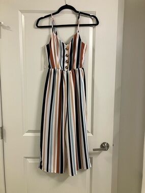 J for Justify Striped Spaghetti Strap Jumpsuit in Black, White, Tan, Rust & Blue